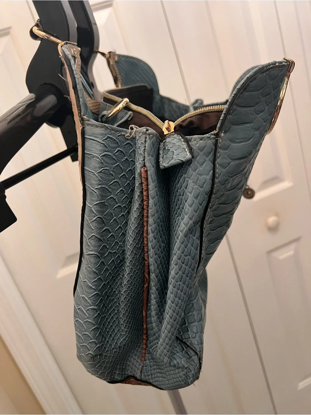 Colorblock Faux-Textured Top-Handle Bag in Blue and Beige